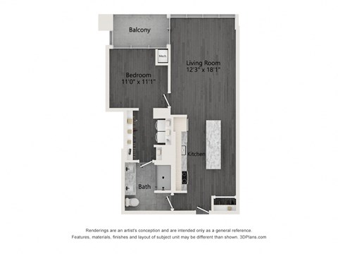 Floor plan for 1 bed, 1 bath, 766 sqft